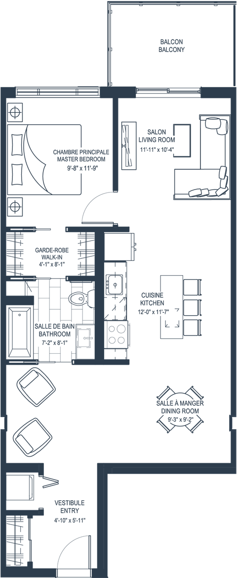 Floor plan for 1 bed, 1 bath, 1083 sqft